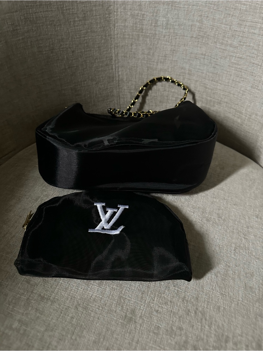 Black Nylon Sheer with White LV Logo and Gold Chain - Picture 6 of 7
